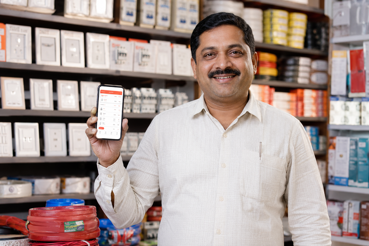 Distributor using QuickEstimate on his phone in an electrical shop